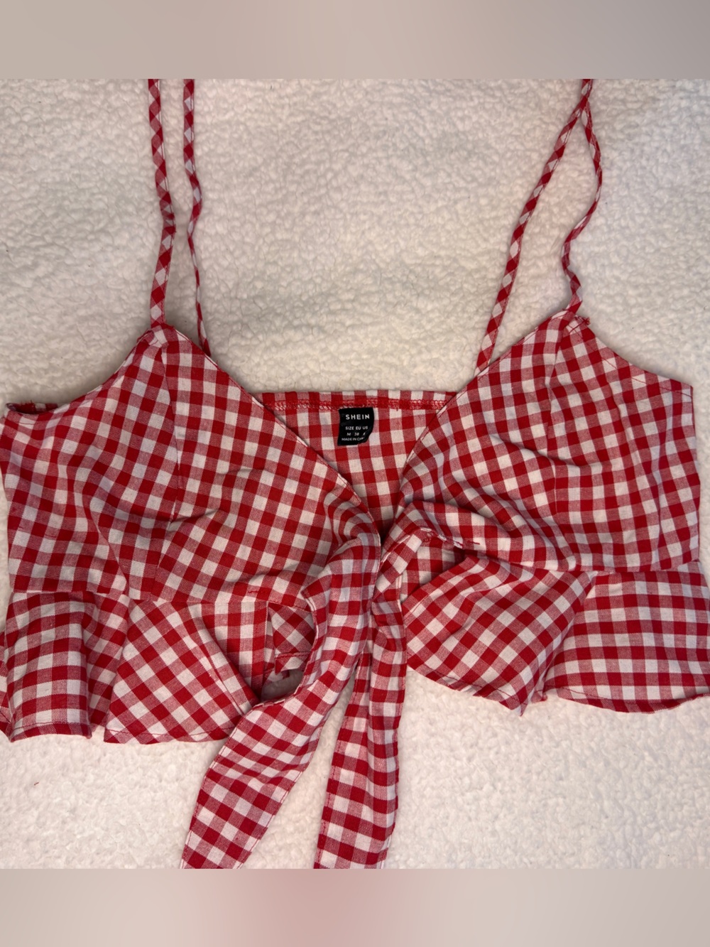 SHEIN Red and White Gingham Tie-Front Crop Top